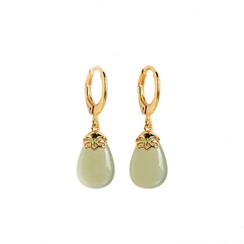Buddha Stones Green Chalcedony Water Drop Strength Copper Posts Earrings