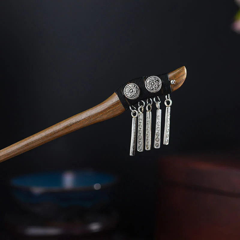 Buddha Stones Silver Tassel Green Sandalwood Soothing Hairpin