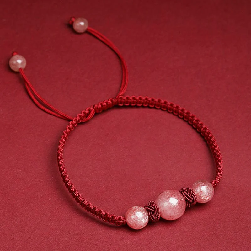 Buddha Stones Natural Strawberry Quartz Crystal Love Red String Weave Bracelet Anklet