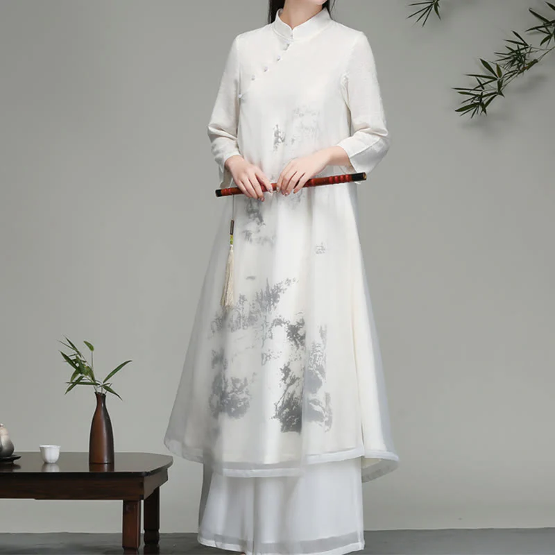 Buddha Stones  Chinese Frog-Button Design Long Sleeve Chiffon Midi Dress