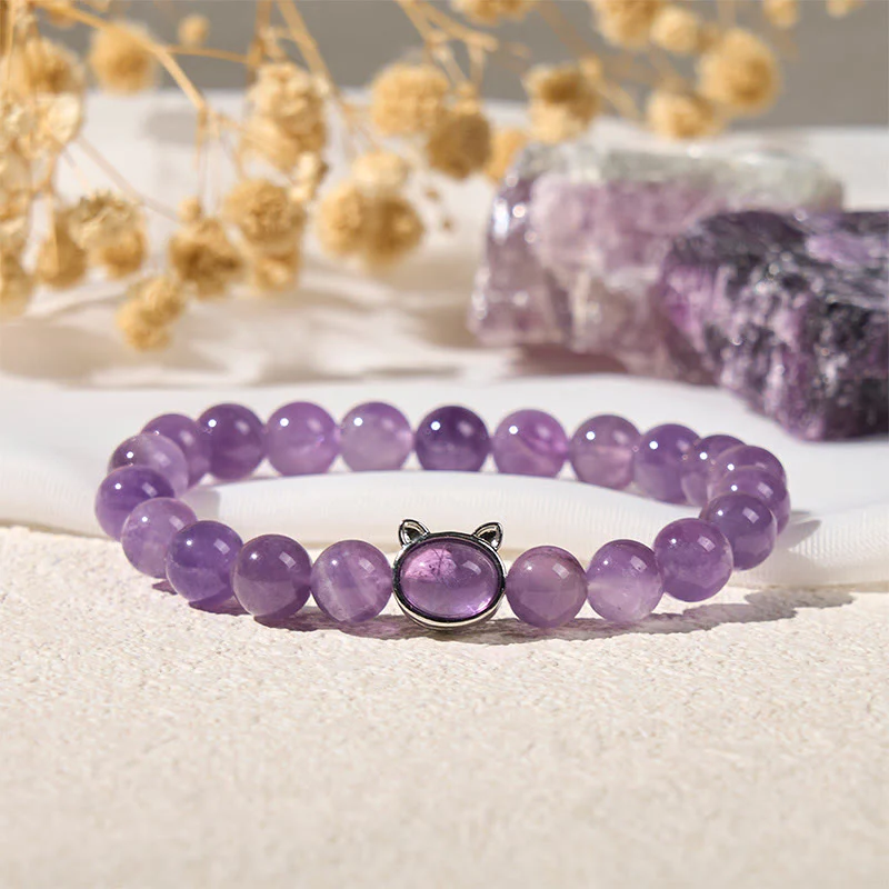 Buddha Stones Natural Amethyst Bead Cute Cat Healing Bracelet
