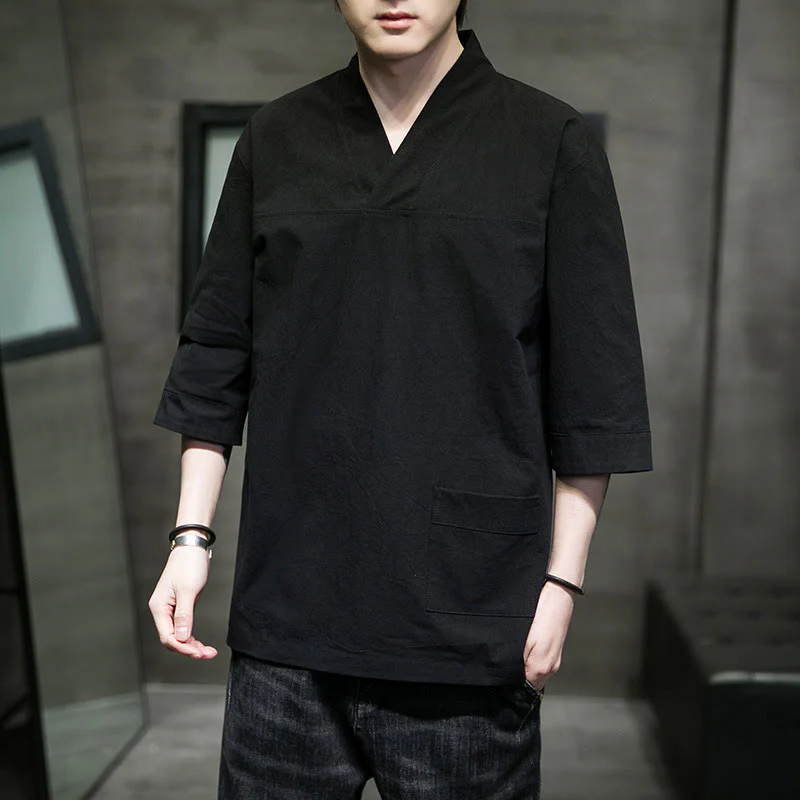 Buddha Stones Summer Casual Simple V-Neck Design Men's Cotton Linen Three Quarter Sleeve T-Shirt With Front Pocket