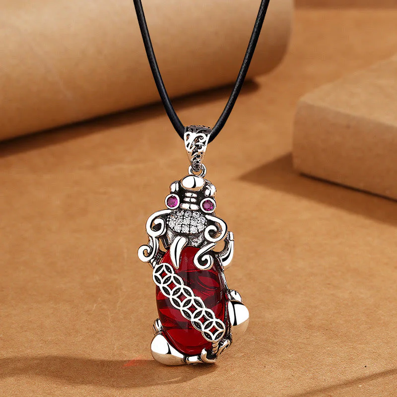 Buddha Stones PiXiu Garnet Copper Coin Wealth Luck Necklace Pendant