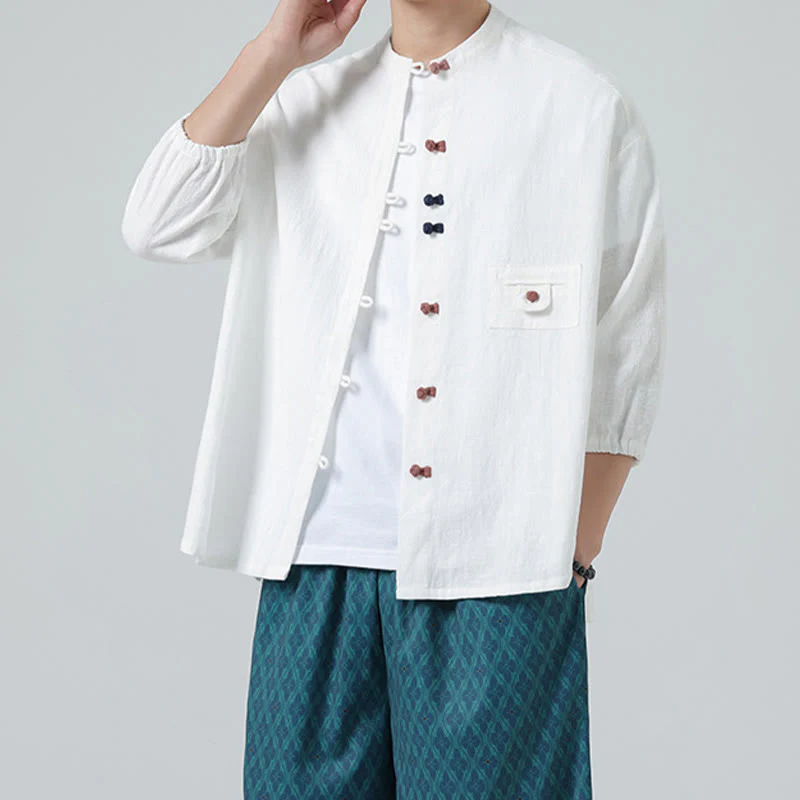 Buddha Stones Summer Frog-Button Front Stand Collar Men's Three Quarter Sleeve Cotton Shirt Cardigan With Pocket