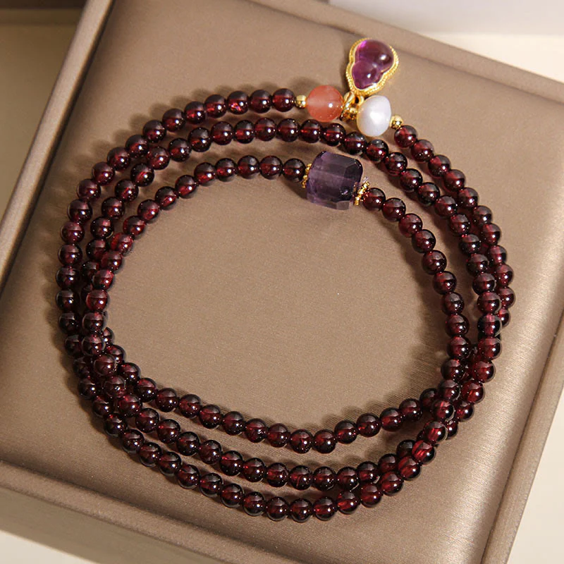 Buddha Stones Natural Garnet Amethyst Gourd Protection Multi-Layer Bracelet