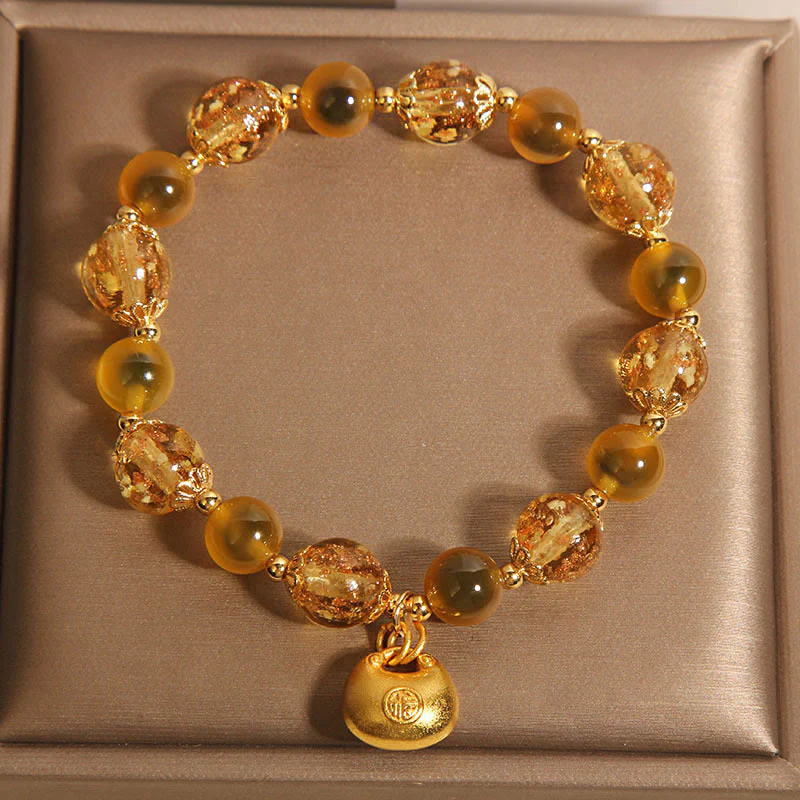 Buddha Stones Yellow Candy Agate Fu Character Blessing Bag Healing Bracelet