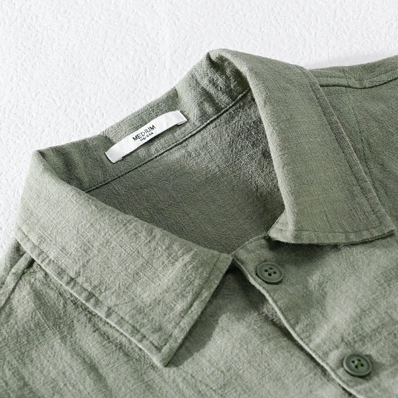 Buddha Stones Commute Men's Plain Buttons Design Cotton Linen Long Sleeve Shirt With Pockets