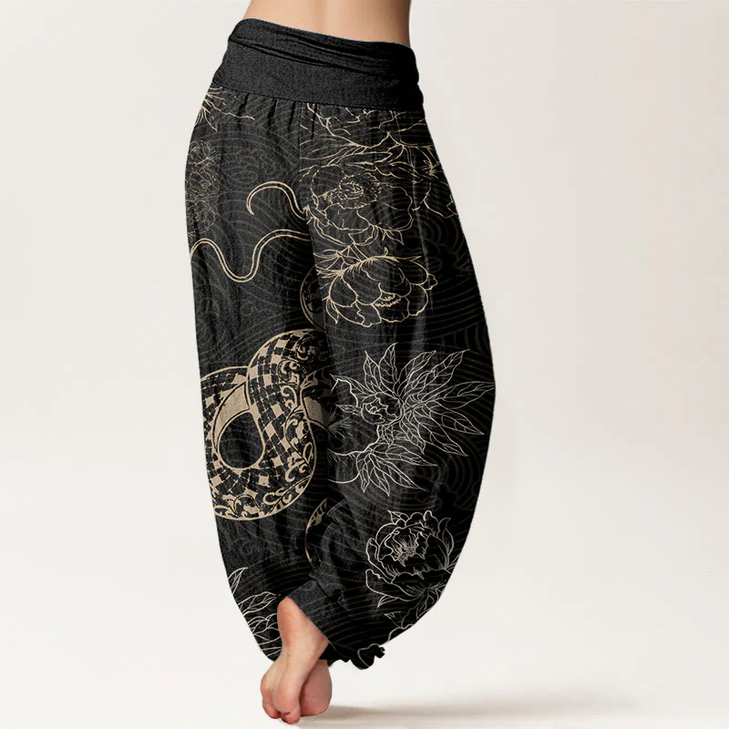 Buddha Stones Pure Cotton Snake Lotus Women's Elastic Waist Harem Pants