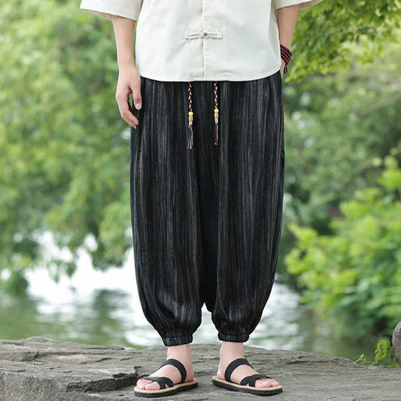 Buddha Stones Summer Black Stripes Drawstring Men's Harem Pants With Pockets