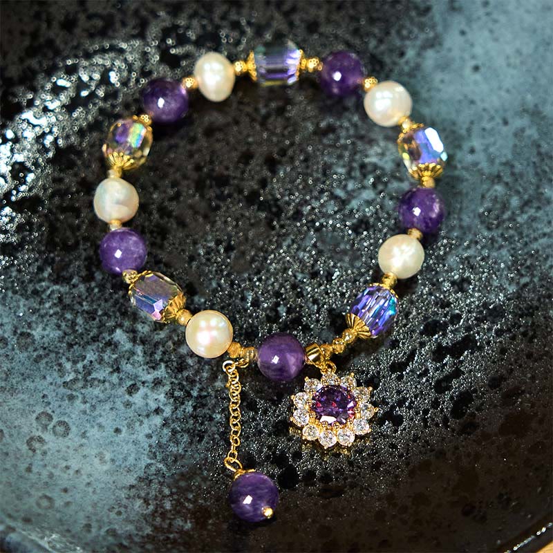 Buddha Stones Natural Amethyst Pearl Sunflower Communication Bracelet
