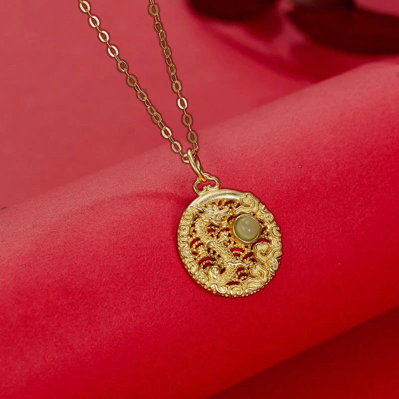 Buddha Stones 925 Sterling Silver Year Of The Dragon Auspicious Clouds Hetian Jade Inlaid Luck Necklace Pendant