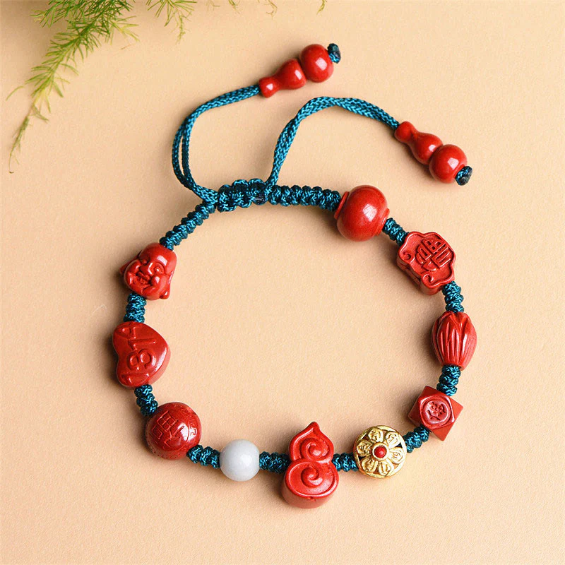 Buddha Stones Natural Cinnabar Gourd Om Mani Padme Hum Laughing Buddha Blessing String Bracelet