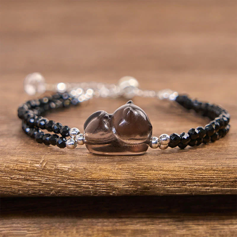 Buddha Stones Ice Obsidian Black Spinel Lying Cat Courage Double Layer Bracelet