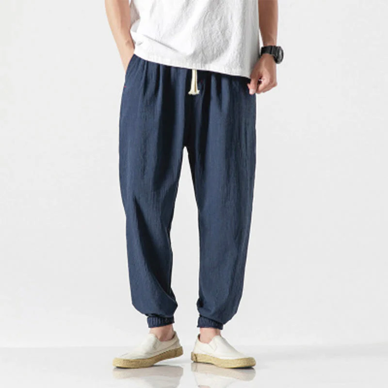 Buddha Stones Simple Drawstring Design Linen Men's Pants With Pockets