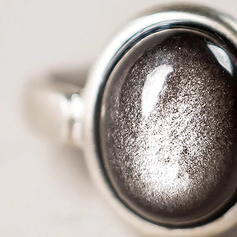 Buddha Stones Natural 925 Sterling Silver Silver Sheen Obsidian Adjustable Protection Ring