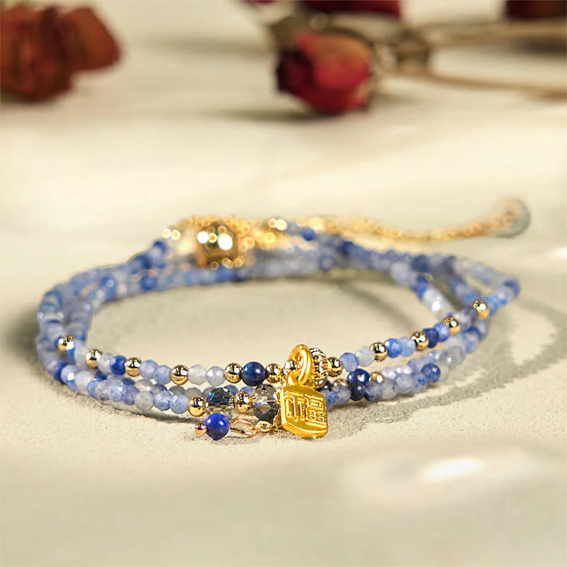 Buddha Stones 3mm Ultra-thin Beads Natural Lazurite Triple Wrap Fu Character Positive Bracelet