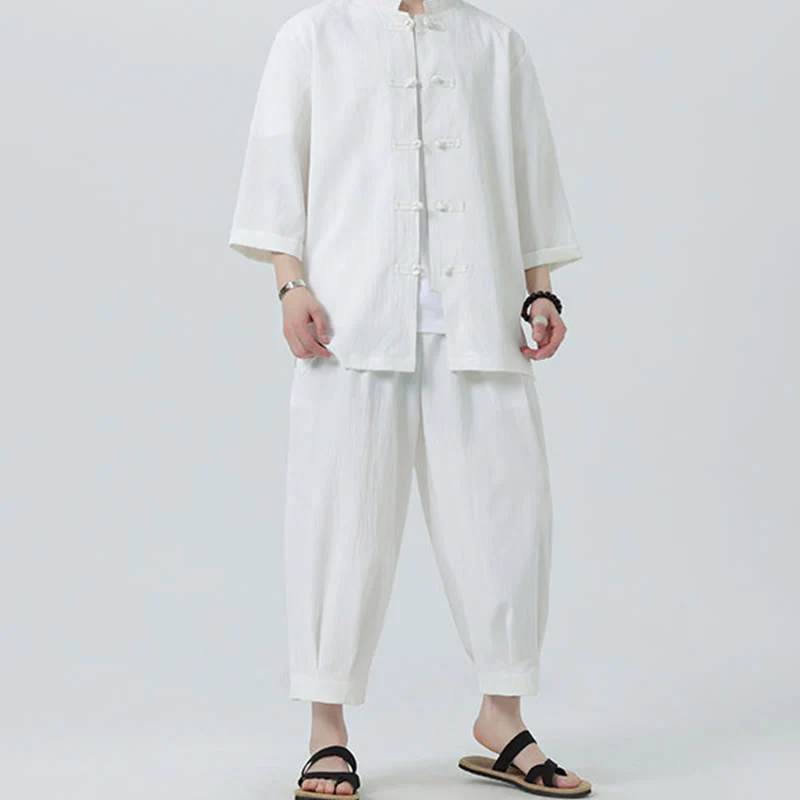 Buddha Stones 2Pcs Solid Frog-Button Three Quarter Sleeve Shirt Pants Men's Set