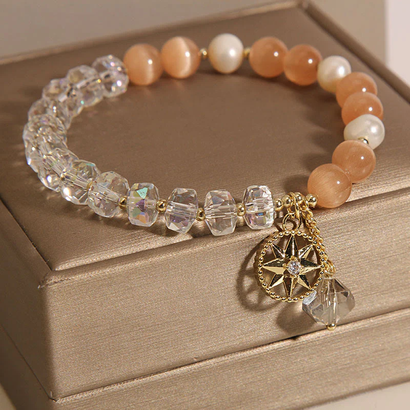 Buddha Stones Orange Cat's Eye White Crystal Star Support Bracelet