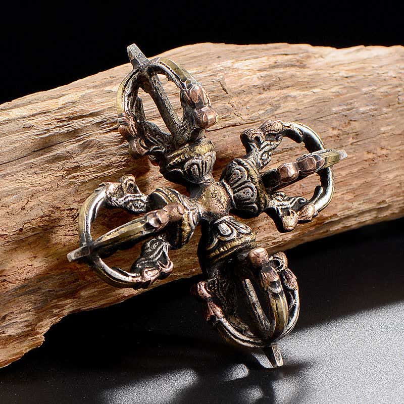 Buddha Stones Tibetan Handmade 5 Prong Double Dorje Copper Iron Thunderbolt Strength Vajra