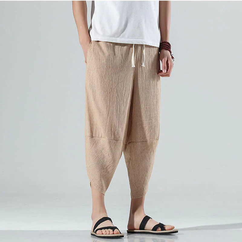 Buddha Stones Plain Simple Design Drawstring 7-8 Length Linen Men's Harem Pants With Pockets