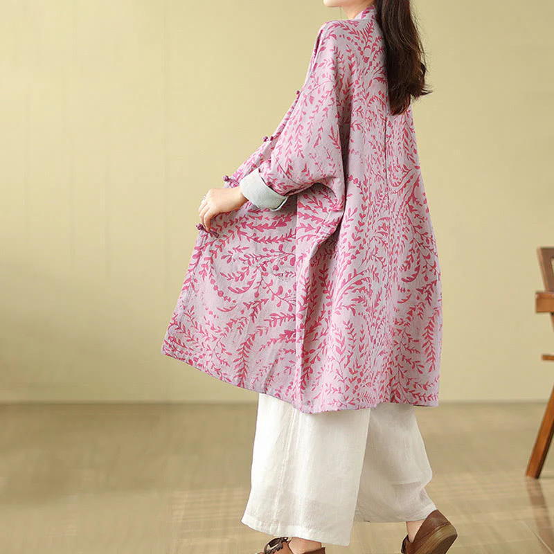 Buddha Stones Frog-button Vine Leaves Women's Cotton Linen Coat With Pockets