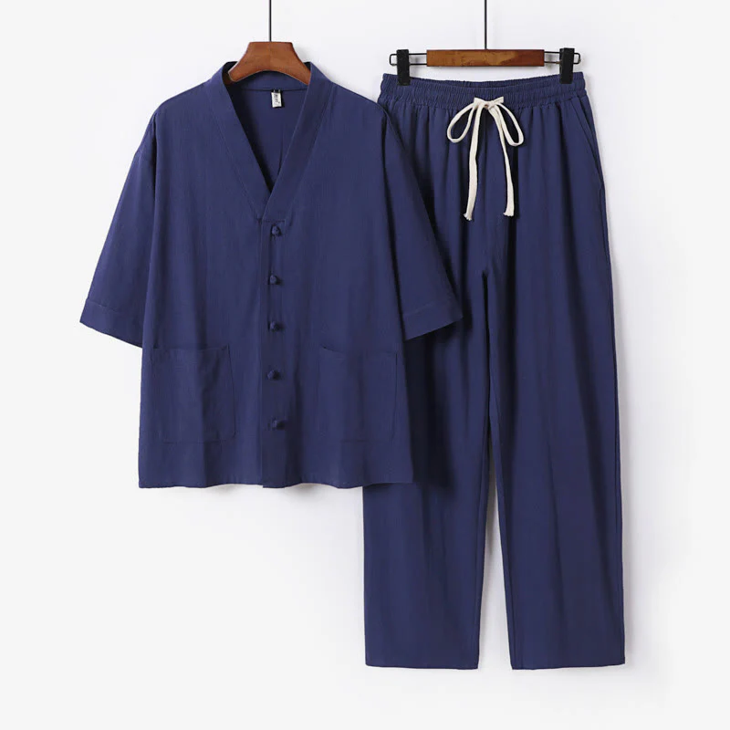 Buddha Stones 2Pcs Summer V-Neck Cotton Shirt Pants With Pockets Men's Meditation Cloth Set