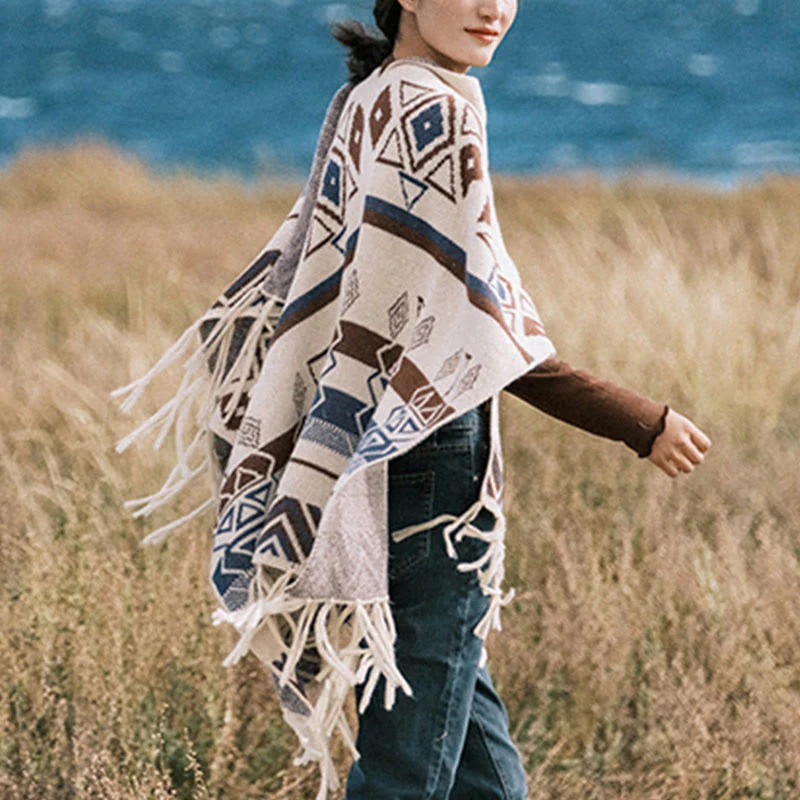Buddha Stones Tibetan Wave Stripe Geometry Tassels Shawl Fall Winter Cozy Scarf Wrap