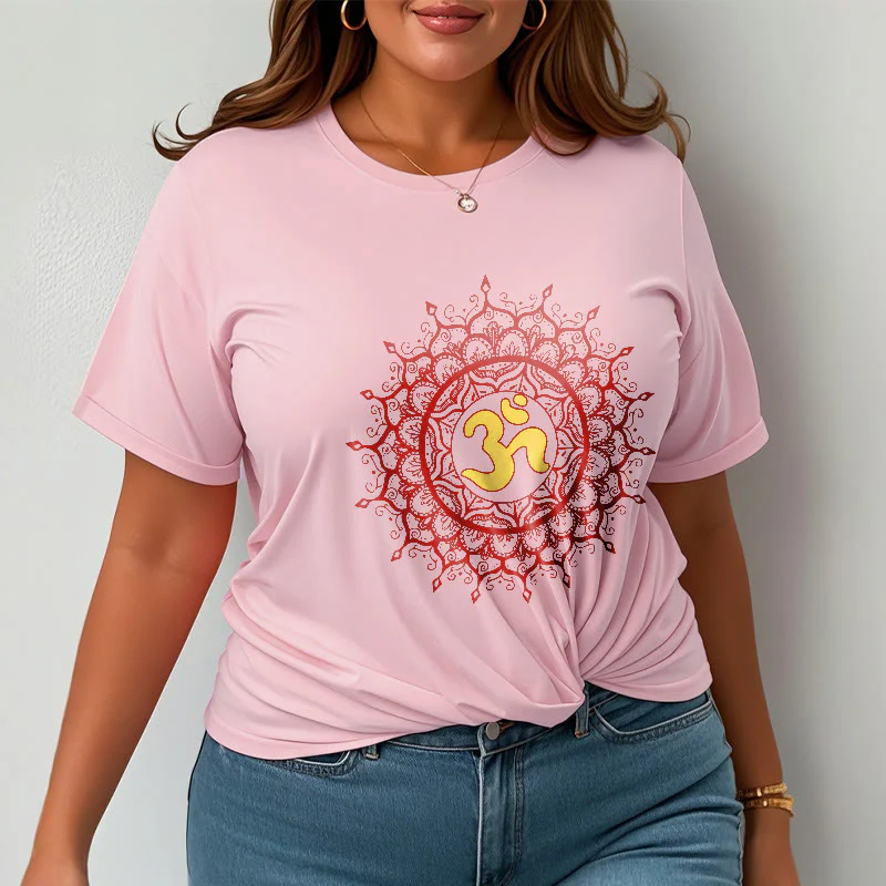 Buddha Stones Casual Red Mandala Om Symbol Pattern Cotton Tee T-shirt