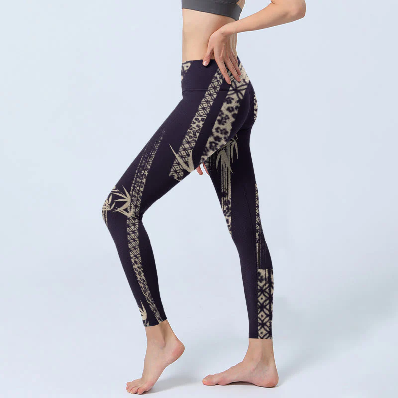 Buddha Stones Bamboo Water Wave Pattern Print Gym Leggings Women's Yoga Pants