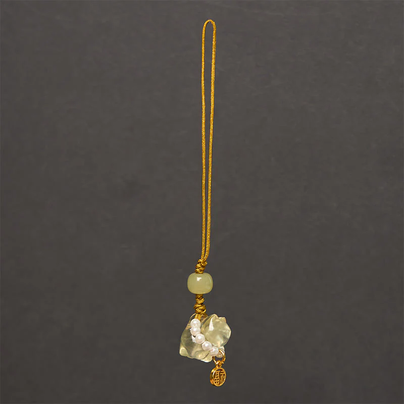 Buddha Stones Pink Crystal Amethyst Citrine Pearl Fu Character Lucky Kitten Warmth Phone Hanging Decoration