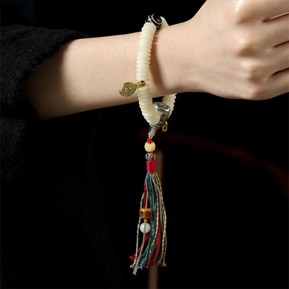Buddha Stones Natural White Bodhi Seed Stone Wisdom Tassel Wrist Mala Bracelet