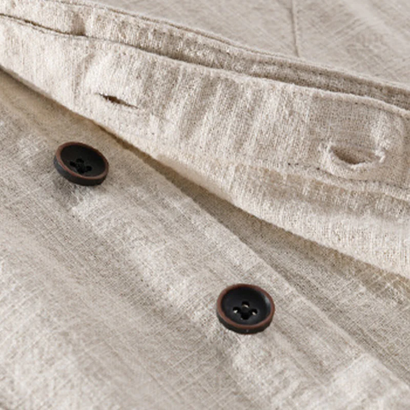 Buddha Stones Spring Daily Simple Buttons Design Stand Collar Men's Long Sleeve Cotton Linen Shirt With Pockets