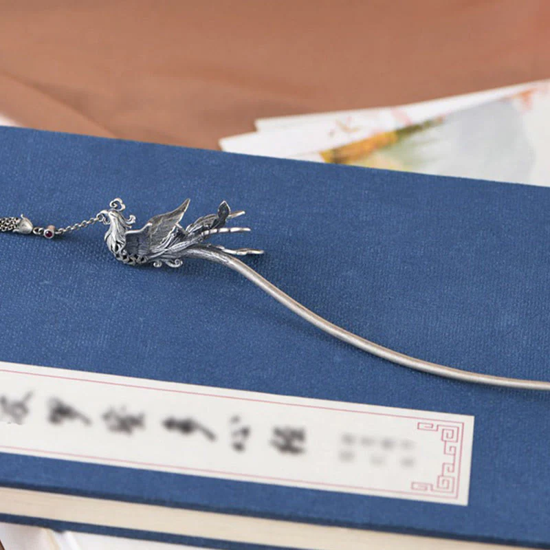 Buddha Stones 925 Sterling Silver Phoenix Tassels Protection Hairpin