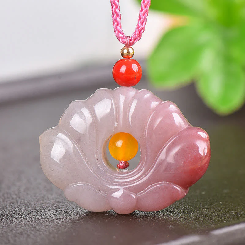 Buddha StonesPink Golden Silk Jade Lotus Flower Wealth Necklace Pendant