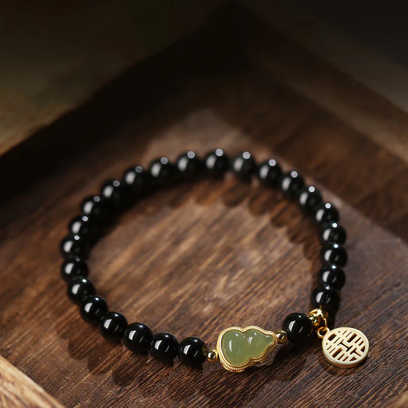 Buddha Stones Natural Black Obsidian Hetian Jade Gourd Double Happiness Strength Bracelet