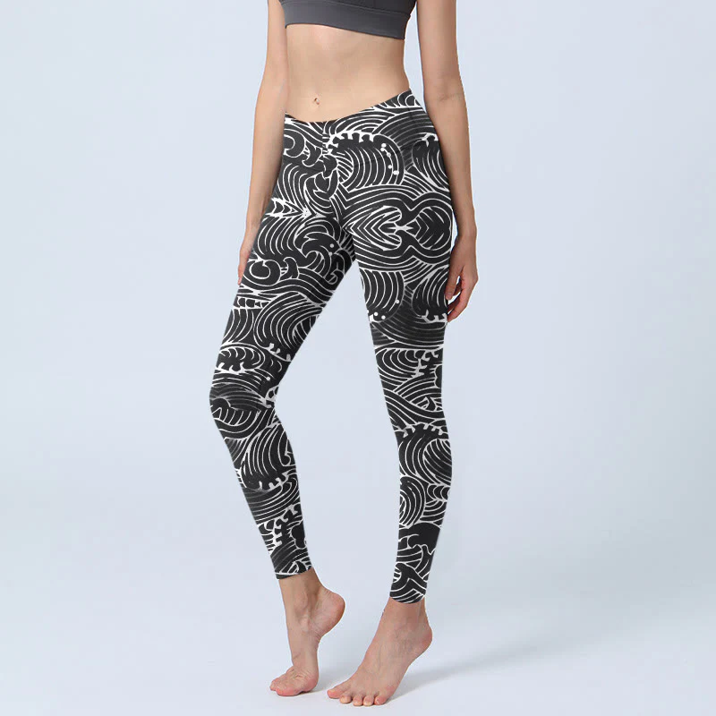 Buddha Stones White Line Waves Pattern Print Gym Leggings Women's Yoga Pants