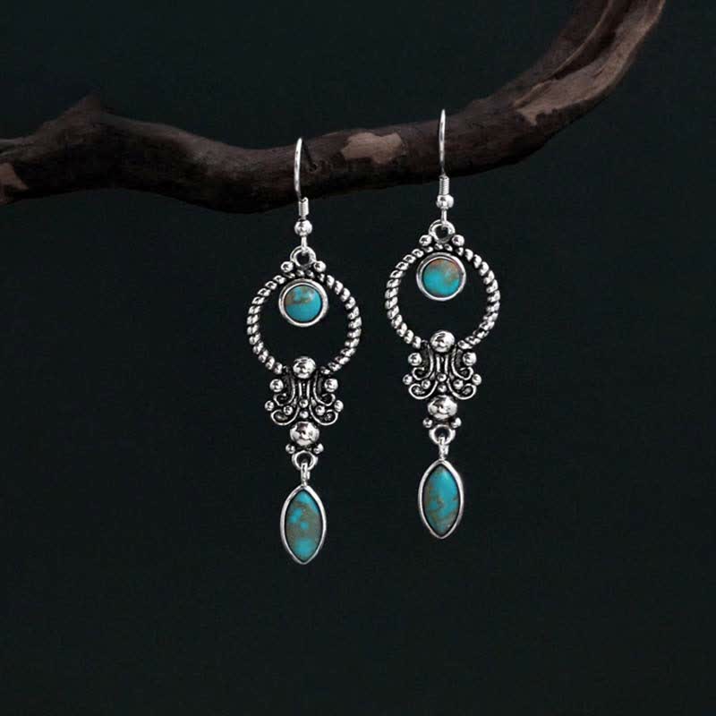 Buddha Stones 925 Sterling Silver Vintage Turquoise Waterdrop Pattern Balance Drop Dangle Earrings