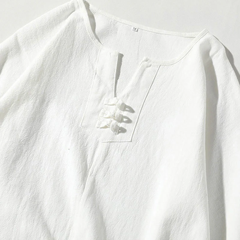 Buddha Stones 2Pcs Plain Notched Collar T-Shirt 7-8 Length Wide Leg Shorts With Pockets Cotton Linen Men's Meditation Cloth Set