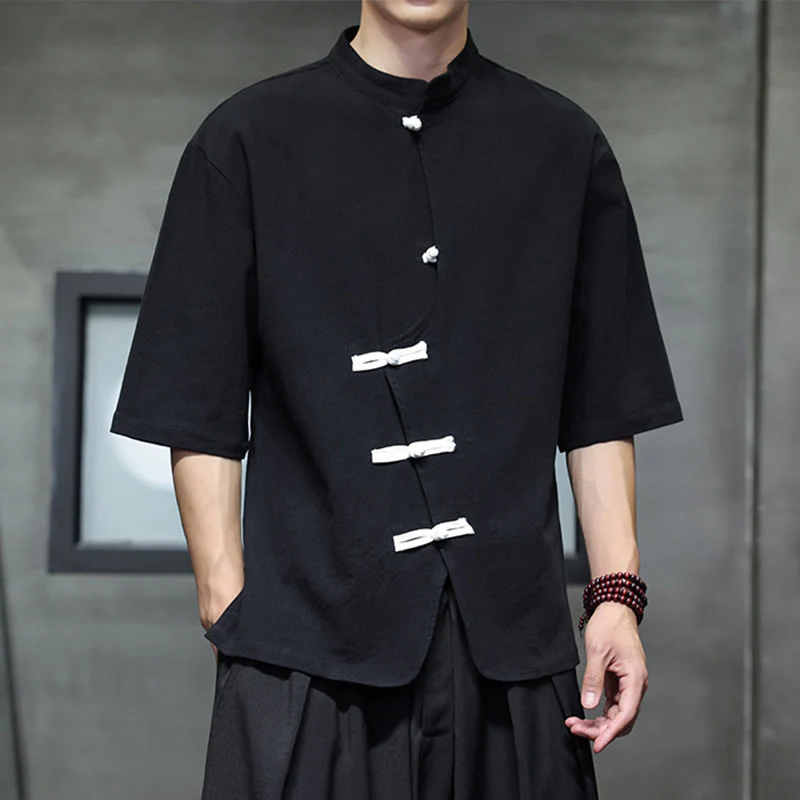 Buddha Stones Casual Plain Chinese Frog-Button Stand Collar Cotton Linen Men's Shirt