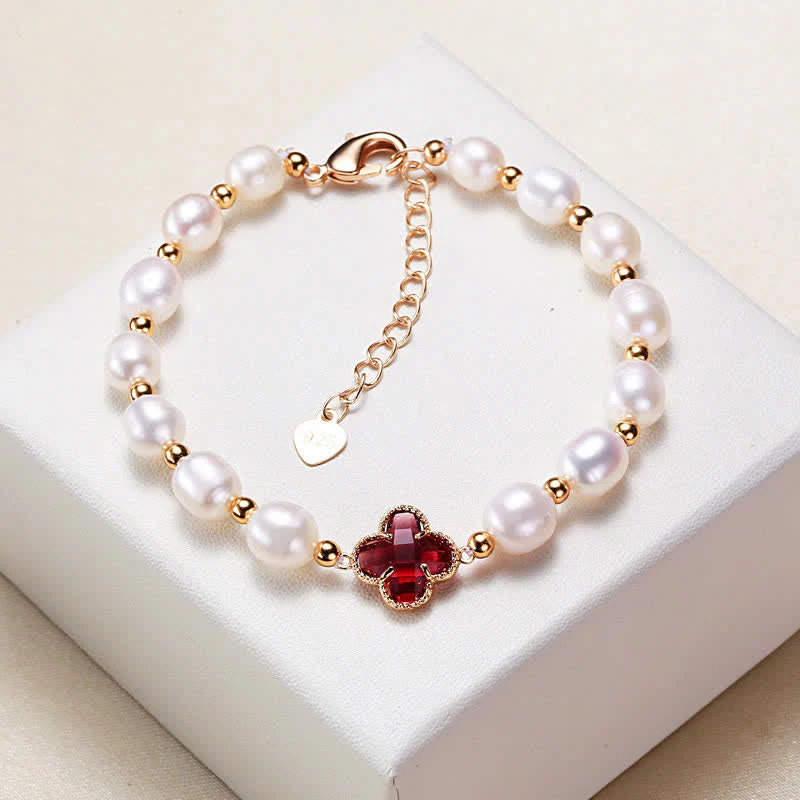 Buddha Stones Pearl Four Leaf Clover Wealth Chain Bracelet
