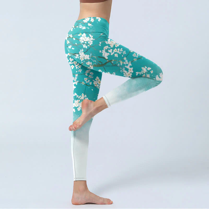 Buddha Stones White Pear Blossoms Print Gym Leggings Women's Yoga Pants