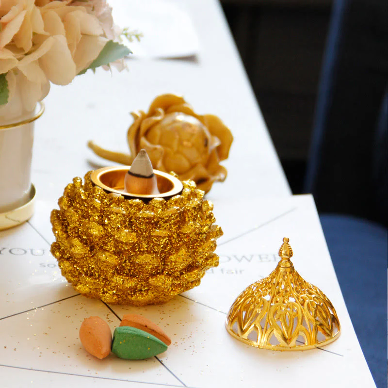 Buddha Stones Gold Pine Cone Pattern Spiritual Rituals Mini Incense Burner Home Tabletop Decor