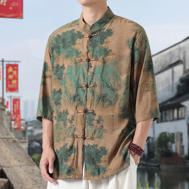 Buddha Stones Dragon Auspicious Clouds Green Mountains Chinese Frog-Button Men's Half Sleeve Cotton Linen Shirt