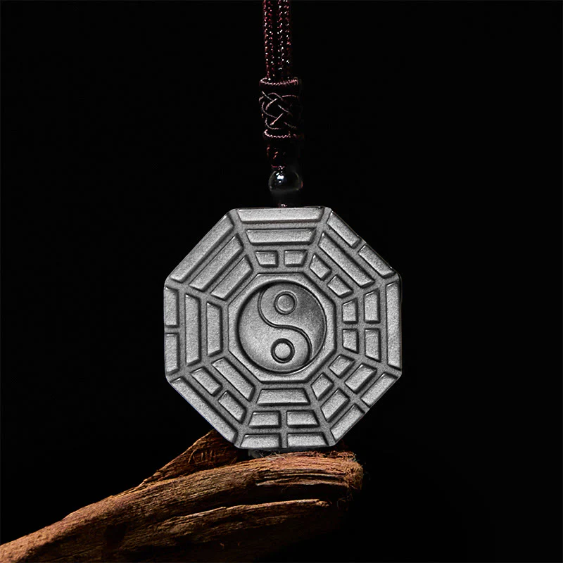 Buddha Stones Silver Sheen Obsidian Bagua Yin Yang Symbol Protection Necklace Pendant