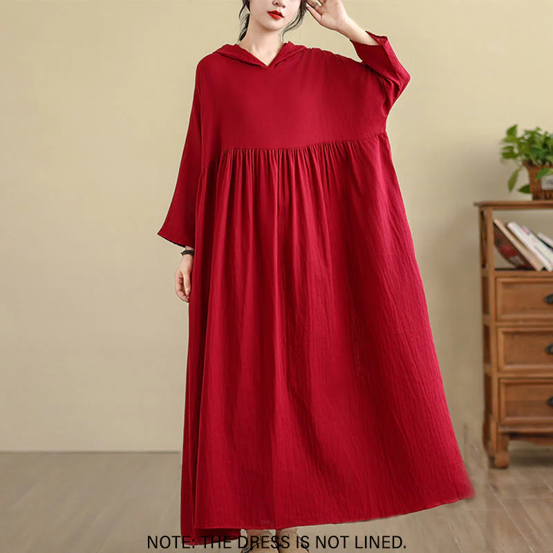 Buddha Stones Fall Hoodie Design Long Sleeve Cotton Linen Midi Dress With Pockets
