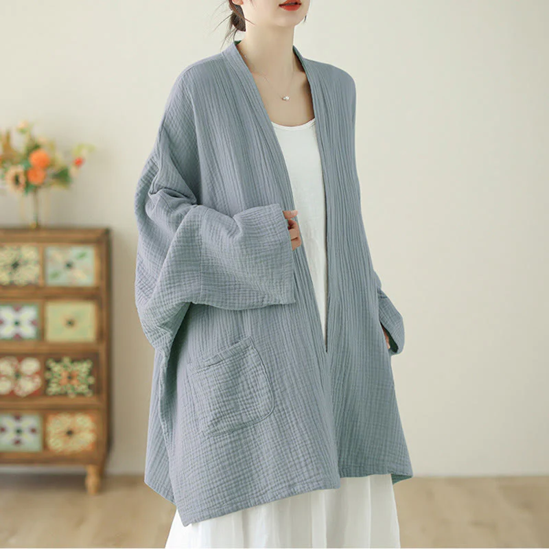 Buddha Stones Plain Long Sleeve Zen Meditation Cotton Linen Jacket With Pockets