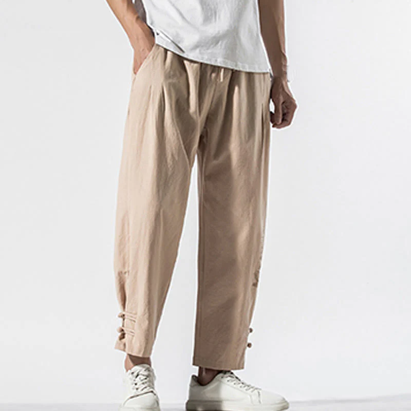 Buddha Stones Summer Chinese Characters Embroidery Men's Cotton Linen Pants With Pockets