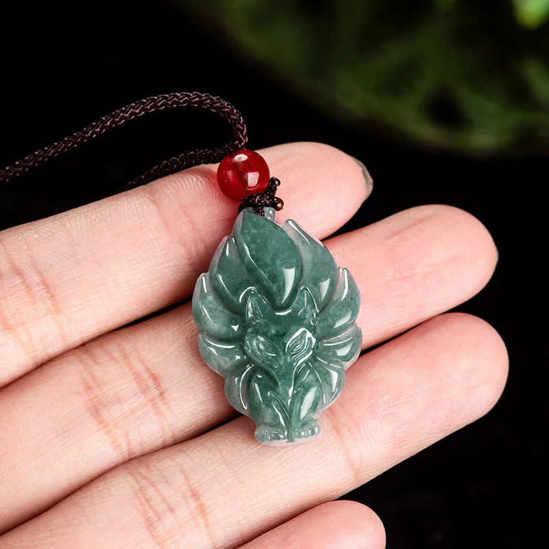 Buddha Stones Natural Green Jade Nine Tailed Fox Luck Necklace Pendant