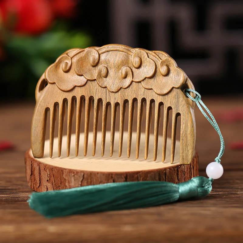 Buddha Stones Green Sandalwood Fox Peony Flower Lotus Engraved Cure Tassel Comb