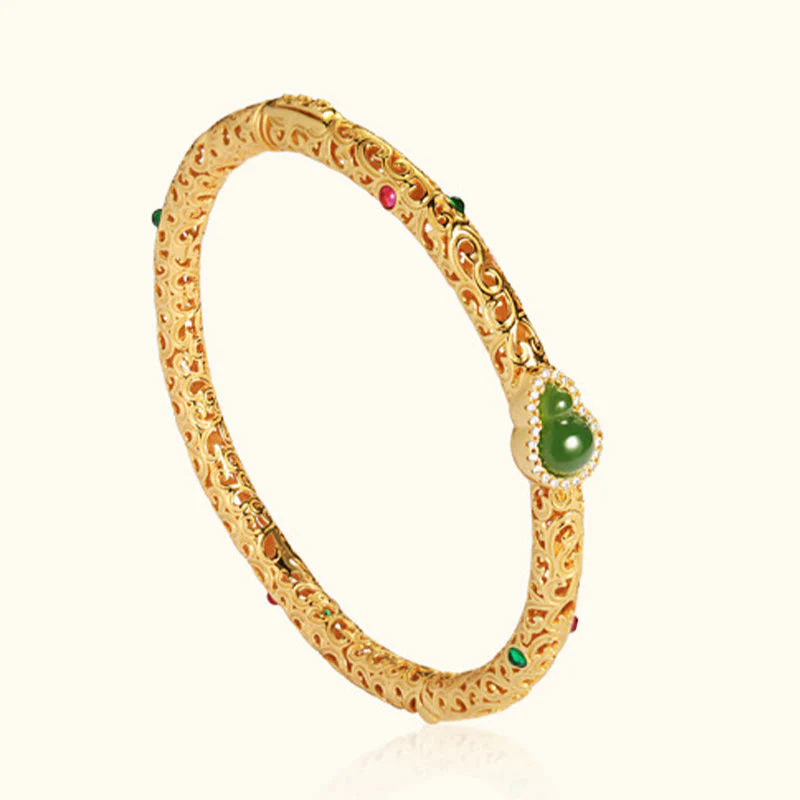 Buddha Stones Cyan Jade Copper Plated Gold Auspicious Clouds Gourd Luck Bracelet Bangle